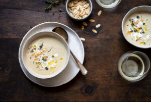 Read more about the article Roast Cauliflower & Caramelized Onion Soup with Almonds & Truffle Oil